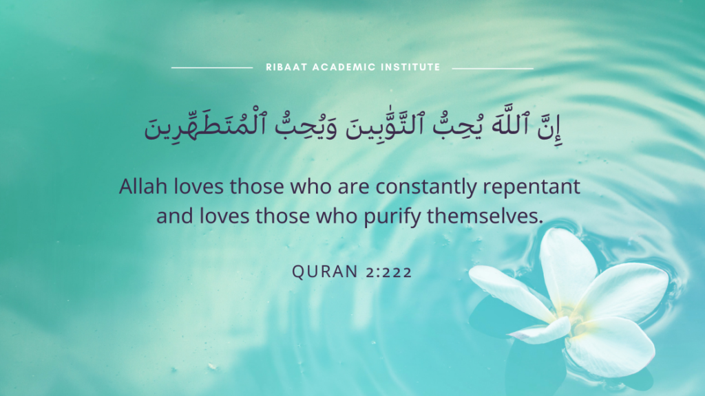 Quote by Ribaat Academic Institute "Allah loves those who are constantly repentant and loves those who purify themselves." Quran 2:222 (Image of a flower floating gently in a stream)